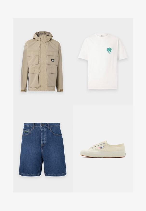 Beige wasserdichte Jacke mit Kapuze, ausgestattet mit einem Reißverschluss vorne, vier großen Fronttaschen und verstellbaren Bündchen. Strukturiertes Material mit einem Karomuster.; Weißes T-Shirt mit kurzen Ärmeln und kleinem grünen abstrakten Wellen- und Berglogo auf der linken Brust, vor einem schlichten Hintergrund.; Dunkelblaue Jeansshorts im klassischen Schnitt, mit Fronttaschen, Gürtelschlaufen und einem sichtbaren Markenschild an der linken Tasche.; Beige Leinen-Sneaker mit niedrigem Profil, Metallösen und Gummisohle. Mit einem strukturierten Muster und einem Logodetail an der Seite.
