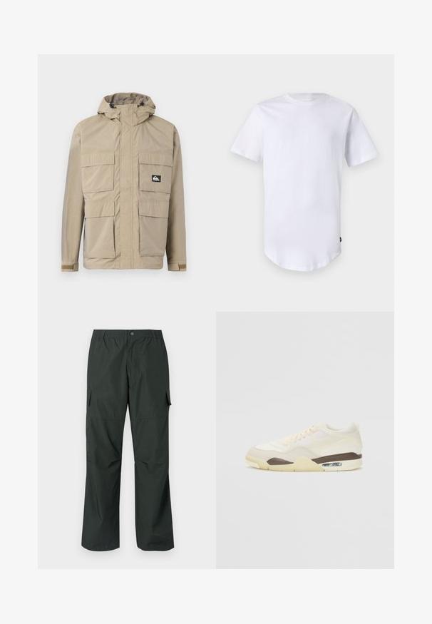 Chaqueta impermeable beige con capucha, con cierre de cremallera al frente, cuatro grandes bolsillos frontales y puños ajustables. Tejido texturizado con un patrón de cuadrícula.; Camiseta blanca de manga corta hecha de algodón. Diseño de cuello redondo con dobladillo curvado. Etiqueta visible en el lado inferior izquierdo. Textura suave.; Pantalones cargo verde oscuro con un corte relajado, cintura elástica, bolsillos cosidos y una textura de tela suave y ligera.; Zapatilla con una parte superior crema que combina texturas de malla y lisas, un acento marrón, suela en un tono amarillo claro y amortiguación de aire visible en el talón.