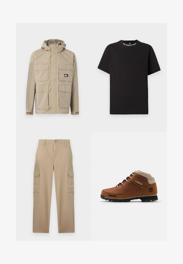 Beige waterdichte jas met een capuchon, voorzien van een rits aan de voorkant, vier grote voorzakken en verstelbare manchetten. Textuurstof met een ruitpatroon.; Zwart T-shirt met korte mouwen en een ronde hals met de tekst "THE NORTH FACE" gedrukt rond de kraag.; Beige cargobroek met rechte pijpen, knoopsluiting, riemlussen, voorzakken en klepzakken op beide dijen.; Bruine leren wandelschoen met een beige kraag, zwarte rubberen zool en gouden oogjes. Bevat een Timberland-logo aan de zijkant.