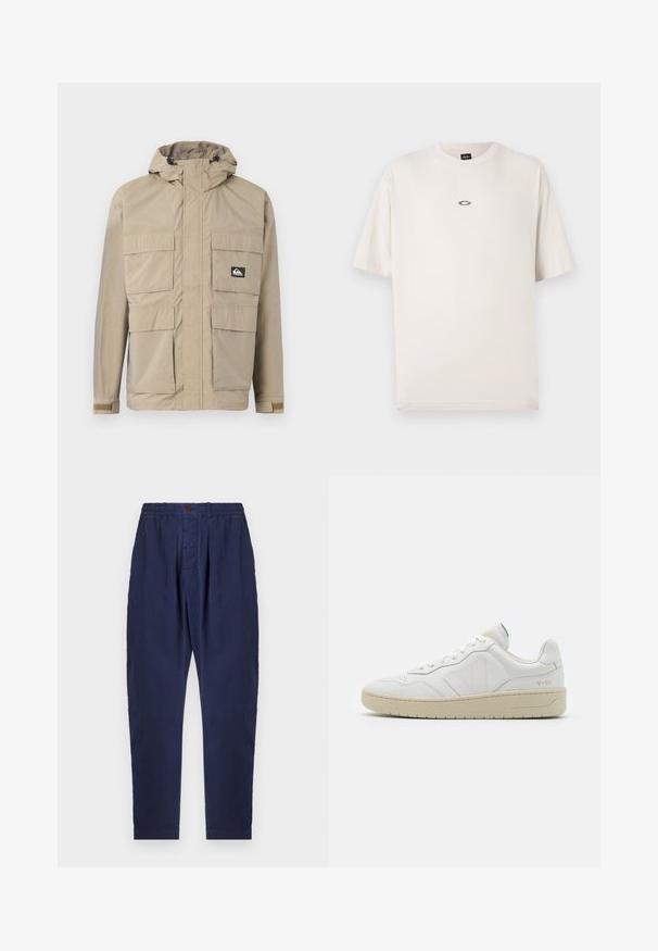 Beige vandtæt jakke med hætte, med lynlås front, fire store frontlommer og justerbare manchetter. Struktureret stof med et rutenetmønster.; Oakley RISE TEE - T-shirts basic - mist; Marineblå bukser lavet af tekstureret stof med elastisk talje, knaplukning og to frontfolder for ekstra designfunktion.; Hvide lædersneakers med struktureret overflade og polstret krave. Har en beige gummisål og diskret branding på hælen og siden.