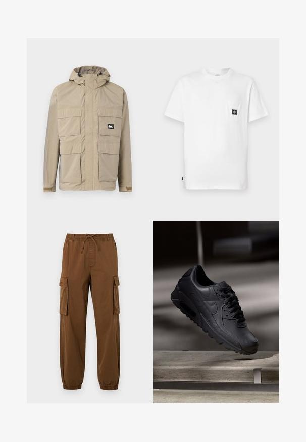 Beige waterdichte jas met een capuchon, voorzien van een rits aan de voorkant, vier grote voorzakken en verstelbare manchetten. Textuurstof met een ruitpatroon.; Witte katoenen T-shirt met een ronde hals, korte mouwen en een borstzakje met een zwarte logo-patch. Gladde textuur, losse pasvorm.; Bruine cargobroek van lichtgewicht stof, met een elastische tailleband met trekkoord, zijzakken en taps toelopende broekspijpen.; Zwarte Nike Air Max sneakers met een bovenwerk van gestructureerd leer, rubberen zool en een opvallend vetersysteem, dat een strakke, moderne uitstraling heeft.