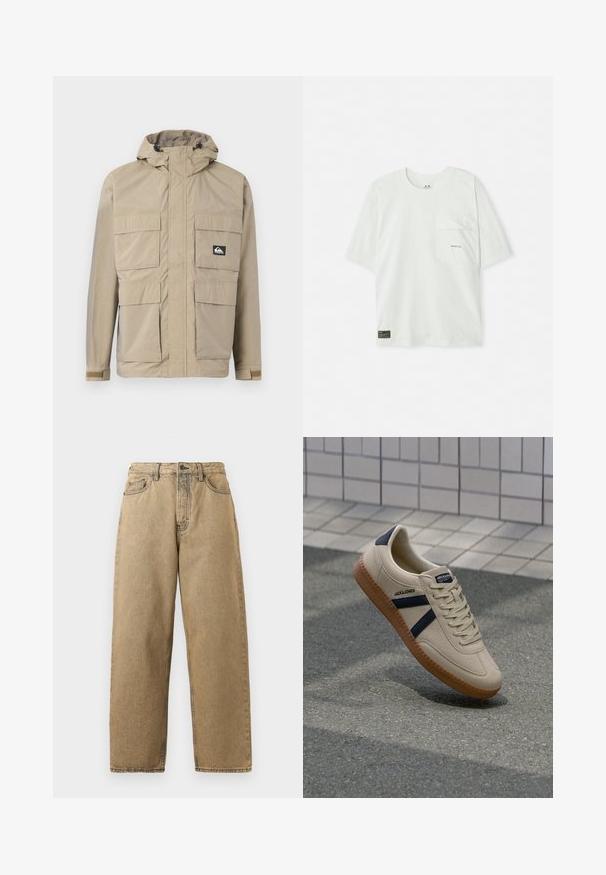 Beige waterdichte jas met een capuchon, voorzien van een rits aan de voorkant, vier grote voorzakken en verstelbare manchetten. Textuurstof met een ruitpatroon.; Korte mouwen, lichtgroen t-shirt gemaakt van katoen. Voorzien van een borstzak en een klein logo nabij de zak. Zachte textuur, casual ontwerp.; Tan denim jeans met een rechte pijpontwerp, voorzien van een rits, riemlussen en contrasterende stiksels. Geen opvallende patronen of hardwaredetails.; Beige sneaker met een textuurafwerking, marineblauwe strepen en een rubberen zool. Heeft een gevoerde tong en een traditioneel vetersysteem voor een veilige pasvorm.