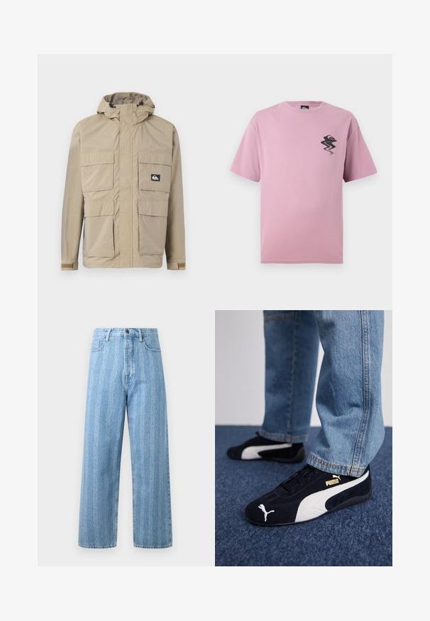 Veste imperméable beige avec capuche, dotée d'un zip à l'avant, de quatre grandes poches à l'avant et de poignets réglables. Tissu texturé avec un motif en grille.; T-shirt léger violet à manches courtes avec un petit logo noir et orange déformé sur la poitrine gauche.; Jean en denim bleu clair avec une coupe large, arborant un motif chaîne répétitif. Style classique à cinq poches avec détails en métal sur le bouton.; Baskets en daim noir avec accents blancs, arborant un logo doré. Portées avec un jean en denim bleu clair et posées sur une surface bleue texturée.