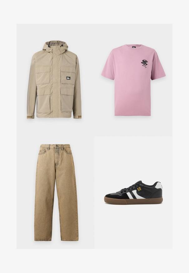 Beige waterdichte jas met een capuchon, voorzien van een rits aan de voorkant, vier grote voorzakken en verstelbare manchetten. Textuurstof met een ruitpatroon.; Lichtpaarse t-shirt met korte mouwen en een klein, vervormd zwart en oranje logo op de linkerborst.; Tan denim jeans met een rechte pijpontwerp, voorzien van een rits, riemlussen en contrasterende stiksels. Geen opvallende patronen of hardwaredetails.; Zwart-witte sneakers met een bovenwerk van suède en leer, voorzien van witte strepen, zwarte veters en een bruine rubberen zool. Gouden logo-accenten.