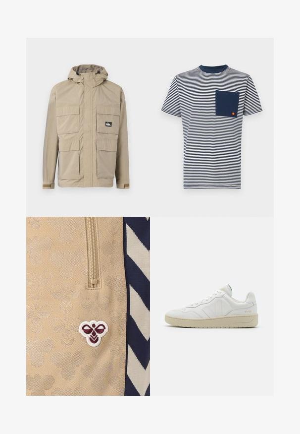 Veste imperméable beige avec capuche, dotée d'un zip à l'avant, de quatre grandes poches à l'avant et de poignets réglables. Tissu texturé avec un motif en grille.; Ellesse HIRST TEE - T-shirt imprimé - navy; Tissu beige avec un logo d'abeille brodé en bordeaux et blanc, avec une fermeture éclair au-dessus et un motif chevron bleu marine et blanc sur le côté.; Baskets en cuir blanc avec une finition texturée et un col rembourré. Elles sont dotées d'une semelle en caoutchouc beige et d'une discrète branding sur le talon et le côté.