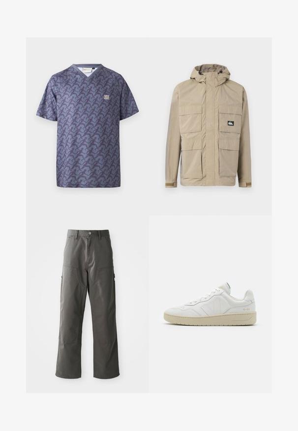 Beige waterdichte jas met een capuchon, voorzien van een rits aan de voorkant, vier grote voorzakken en verstelbare manchetten. Textuurstof met een ruitpatroon.; Cleptomanicx RELAY - T-shirt print - nightshadow blue; Grijze cargobroek met een recht model, voorzien van twee voorzakken en extra zijzakken voor opslag. Gemaakt van duurzame stof.; Witte leren sneakers met een gestructureerde afwerking en een gevoerde kraag. Voorzien van een beige rubberen zool en subtiele branding op de hiel en zijkant.