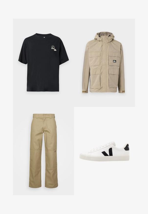 Veste imperméable beige avec capuche, dotée d'un zip à l'avant, de quatre grandes poches à l'avant et de poignets réglables. Tissu texturé avec un motif en grille.; T-shirt en coton noir avec une coupe décontractée, manches courtes, et un petit logo graphique contrastant sur le côté gauche de la poitrine. Col rond classique.; Pantalons larges beige en tissu mélange de coton. Comprend des renforts au niveau des genoux et un petit logo sur la cuisse.; Sneaker blanche en cuir avec des accents en daim noir ; dispose d'une semelle en caoutchouc, d'un bout rond et d'un design classique à lacets. Logo latéral en noir.