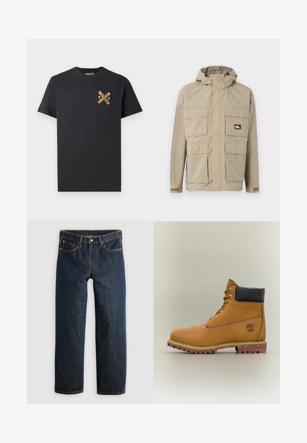 Beige wasserdichte Jacke mit Kapuze, ausgestattet mit einem Reißverschluss vorne, vier großen Fronttaschen und verstellbaren Bündchen. Strukturiertes Material mit einem Karomuster.; Schwarzes Baumwoll-T-Shirt mit einem grafischen Design in Orange, das die Worte "ELEMENT" und "REMEMBER" in einem Kreuzmuster auf der Brust zeigt.; Dunkelblaue Jeans aus Denim mit geradem Bein. Verfügen über fünf Taschen, kontrastierende Naht und eine Knopfverschluss am Bund.; Brauner Leder-Stiefelette mit schwarzem Kragen, gelben Schnürsenkeln und hellbrauner Sohle. Verfügt über ein Logo und weiße Ziernähe. Robuste Profilsohle.