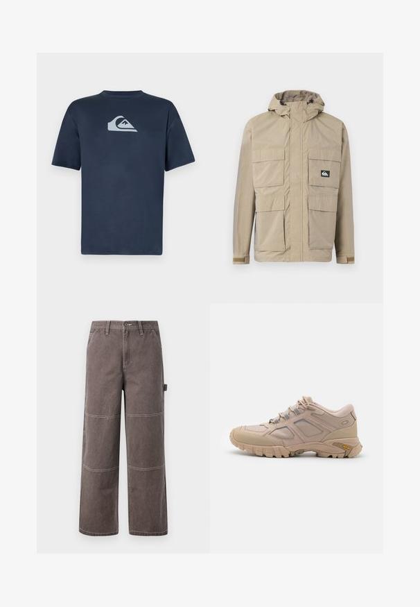 Beige waterdichte jas met een capuchon, voorzien van een rits aan de voorkant, vier grote voorzakken en verstelbare manchetten. Textuurstof met een ruitpatroon.; Marineblauwe katoenen T-shirt met korte mouwen, met een lichtgrijs logo op de borst. Glad textuur, ronde halsontwerp en reguliere pasvorm.; Wijd been broek in een vervaagde bruine kleur, gemaakt van duurzaam materiaal met contrasterende stiksels. Kenmerkt paneeldetails en een zijzak.; Beige hardloopschoen met een gestructureerde mesh bovenkant, synthetische overlay en een Vibram zool. Voorzien van vetersysteem en details op de zijpanelen.