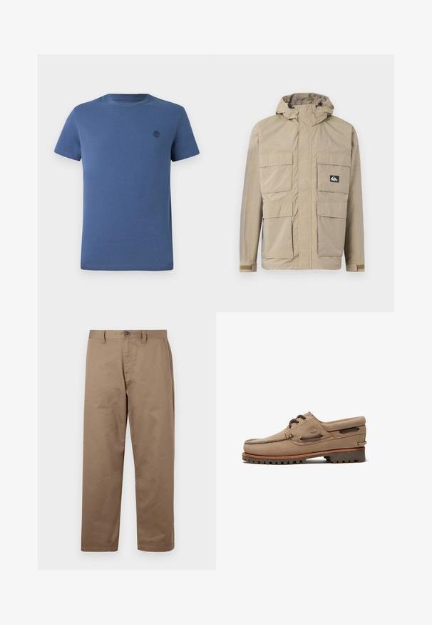 Beige wasserdichte Jacke mit Kapuze, ausgestattet mit einem Reißverschluss vorne, vier großen Fronttaschen und verstellbaren Bündchen. Strukturiertes Material mit einem Karomuster.; Blaues Rundhals-T-Shirt aus Baumwolle, mit kurzen Ärmeln und einem kleinen, dunklen Baum-Logo auf der linken Brustseite.; Braune Baumwollhosen mit geradem Schnitt, ausgestattet mit einem Knopfverschluss, Seitentaschen und einer glatten Textur. Keine sichtbaren Muster oder Akzente.; Beiger Wildleder-Bootsschuh mit Schnürung, robusten Sohlen, Leder-Schnürsenkeln und gepolstertem Kragen, mit Timberland-Logo an der Seite.