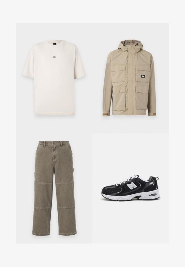 Beige vandtæt jakke med hætte, med lynlås front, fire store frontlommer og justerbare manchetter. Struktureret stof med et rutenetmønster.; Oakley RISE TEE - T-shirts basic - mist; Bomulds cargobukser i dæmpet olivengrøn med brede ben, dobbelt-syede detaljer og sidelommer, med knaplukning og bæltestropper.; Sorte og grå sportssko med mesh og ruskind på overdelen, der har en hvid mellemsål, snørebånd og et iøjnefaldende "N" logo på siden.