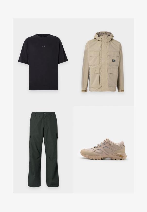 Beige wasserdichte Jacke mit Kapuze, ausgestattet mit einem Reißverschluss vorne, vier großen Fronttaschen und verstellbaren Bündchen. Strukturiertes Material mit einem Karomuster.; Oakley RISE TEE - T-Shirt basic - blackout; Dunkelgrüne Cargo-Hosen mit einem lockeren Schnitt, elastischem Bund, gesteppten Taschen und einer glatten, leichten Stofftextur.; Beige Sport Schuh mit einem strukturierten Mesh-Obermaterial, synthetischen Überzügen und einer Vibram-Sohle. Verfügt über ein Schnürsystem und seitliche Paneeldetails.