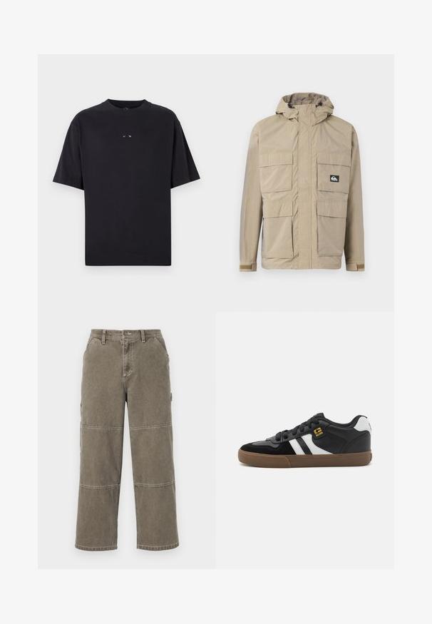 Beige wasserdichte Jacke mit Kapuze, ausgestattet mit einem Reißverschluss vorne, vier großen Fronttaschen und verstellbaren Bündchen. Strukturiertes Material mit einem Karomuster.; Oakley RISE TEE - T-Shirt basic - blackout; Baumwoll-Cargohosen in gedämpftem Olivgrün mit weitem Bein, doppelten Nähnähten und seitlichen Taschen, ausgestattet mit einem Knopfverschluss und Gürtelschlaufen.; Schwarz-weiße Sneakers mit einem Obermaterial aus Wildleder und Leder, ausgestattet mit weißen Streifen, schwarzen Schnürsenkeln und einer braunen Gummisohle. Mit goldenen Logo-Akzenten.