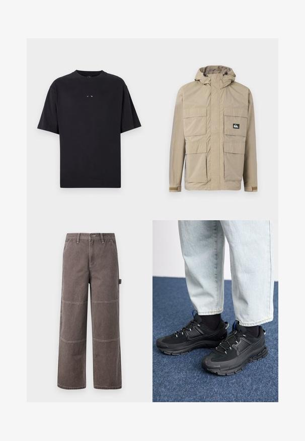 Beige waterdichte jas met een capuchon, voorzien van een rits aan de voorkant, vier grote voorzakken en verstelbare manchetten. Textuurstof met een ruitpatroon.; Oakley RISE TEE - T-shirt basic - blackout; Wijd been broek in een vervaagde bruine kleur, gemaakt van duurzaam materiaal met contrasterende stiksels. Kenmerkt paneeldetails en een zijzak.; Zwarte sportschoenen met gestructureerde stof en rubberen zolen, met elastische veters en een blauwe accent op de hiel. Draag samen met lichte spijkerbroeken.