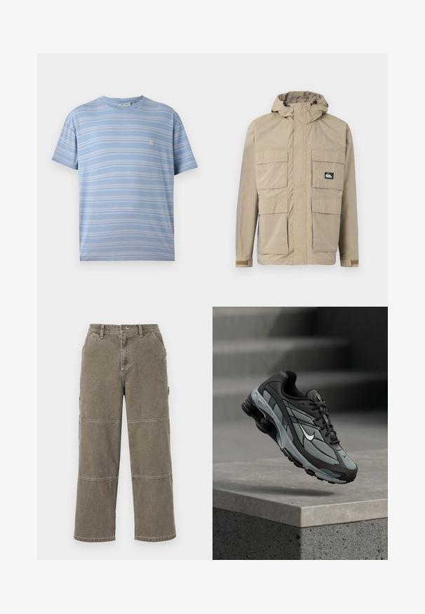 Chaqueta impermeable beige con capucha, con cierre de cremallera al frente, cuatro grandes bolsillos frontales y puños ajustables. Tejido texturizado con un patrón de cuadrícula.; Camiseta de rayas azul clara con rayas horizontales blancas, cuello redondo y un pequeño logo rosa en el lado izquierdo del pecho. Tejido de algodón suave.; Pantalones cargo de algodón en un tono verde oliva apagado, con piernas anchas, acentos de doble costura y bolsillos laterales, que cuentan con un cierre de botón y trabillas para el cinturón.; Zapatilla deportiva gris y negra con paneles de malla y suela gruesa, posicionada en el aire sobre un saliente de hormigón con escaleras de fondo.
