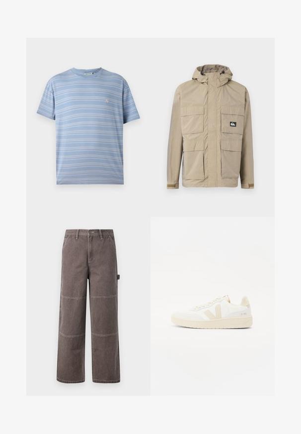 Beige wasserdichte Jacke mit Kapuze, ausgestattet mit einem Reißverschluss vorne, vier großen Fronttaschen und verstellbaren Bündchen. Strukturiertes Material mit einem Karomuster.; Hellblau gestreiftes T-Shirt mit horizontalen weißen Streifen, Rundhalsauschnitt und einem kleinen rosa Logo auf der linken Brustseite. Weicher Baumwollstoff.; Weite Hosen in einem verblassten Braunton, aus strapazierfähigem Stoff mit kontrastierenden Nähten. Mit Paneeldetails und einer Seitentasche.; Weißer Sneaker mit beigen Akzenten, ausgestattet mit einem strukturierten Obermaterial, runder Zehenpartie und einer dicken Gummisohle. Das Design umfasst das ikonische V-Logo und Branding.