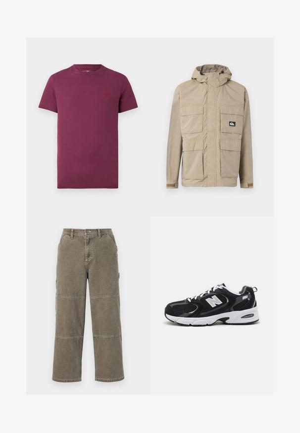 Beige waterdichte jas met een capuchon, voorzien van een rits aan de voorkant, vier grote voorzakken en verstelbare manchetten. Textuurstof met een ruitpatroon.; Bordeaux t-shirt met korte mouwen van katoen, met een ronde hals en een klein geborduurd logo op de linkerkant van de borst. Van een soepele stof.; Katoenen cargobroek in gedempt olijfgroen met brede pijpen, dubbele stiksels, en zijzakken, voorzien van een knoopsluiting en riemlussen.; Zwarte en grijze sport schoenen met een bovenwerk van mesh en suede, voorzien van een witte tussenzool, veters en een gedurfde "N"-logo aan de zijkant.