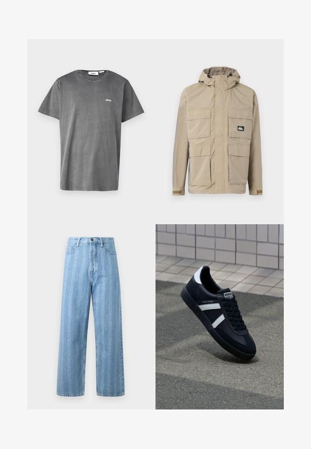 Beige wasserdichte Jacke mit Kapuze, ausgestattet mit einem Reißverschluss vorne, vier großen Fronttaschen und verstellbaren Bündchen. Strukturiertes Material mit einem Karomuster.; Graues Baumwoll-T-Shirt mit kurzen Ärmeln, Rundhalsausschnitt und kleinem weißen "obey"-Logo auf der Brust. Glatte Textur, lässiges Design.; Hellblaue Denim-Jeans mit weitem Bein, die ein wiederkehrendes Kettenmuster aufweisen. Klassischer Fünf-Taschen-Stil und metallischer Knopf. ; Schwarze Leder-Sneaker mit weißen Streifen, strukturiertem Gummisohle und Schnürung. Verfügt über ein Markenetikett auf der Zunge.