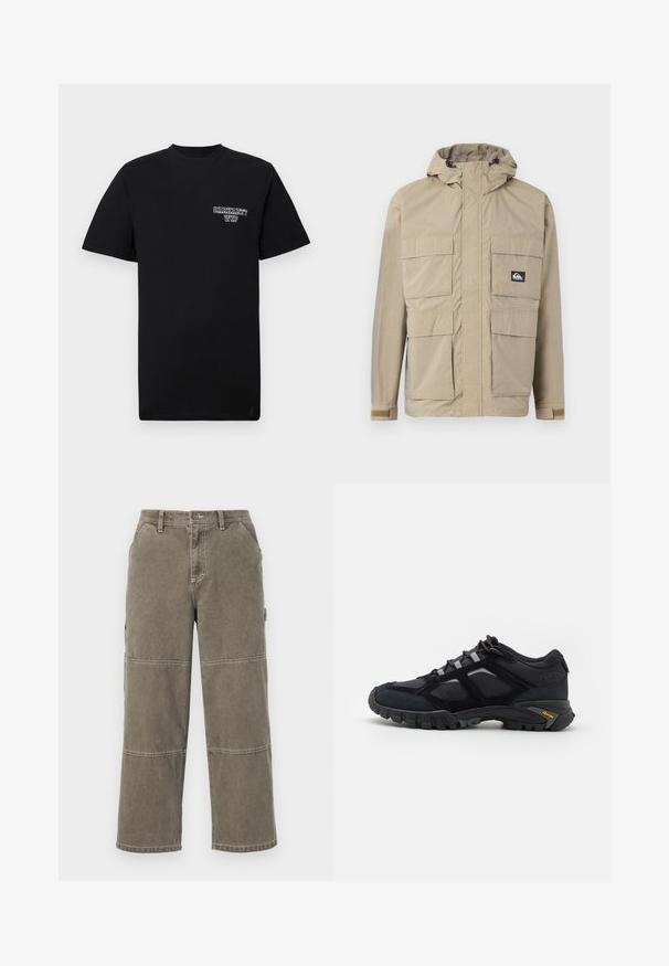 Chaqueta impermeable beige con capucha, con cierre de cremallera al frente, cuatro grandes bolsillos frontales y puños ajustables. Tejido texturizado con un patrón de cuadrícula.; Camiseta de algodón negra con mangas cortas y cuello redondo, que presenta un logo impreso en blanco en el lado izquierdo del pecho. Textura suave, ajuste estándar.; Pantalones cargo de algodón en un tono verde oliva apagado, con piernas anchas, acentos de doble costura y bolsillos laterales, que cuentan con un cierre de botón y trabillas para el cinturón.; Zapato exterior negro hecho de ante y malla con una suela robusta. Presenta acentos grises y la marca Vibram en el costado. Diseño con cordones.