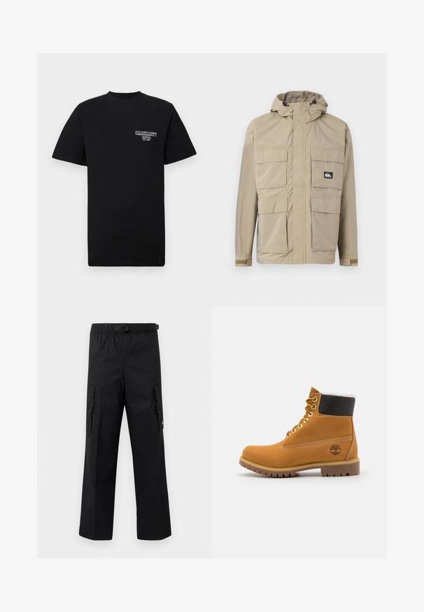 Beige waterdichte jas met een capuchon, voorzien van een rits aan de voorkant, vier grote voorzakken en verstelbare manchetten. Textuurstof met een ruitpatroon.; Zwarte katoenen t-shirt met korte mouwen en een ronde hals, met een witte bedrukte logo op de linkerborst. Gladde textuur, normale pasvorm.; Zwarte cargobroek met een wijde pasvorm, een verstelbare tailleband met een gesp en twee zijzakken voor opslag. Lichtgewicht stof.; Bruine leren enkellaars met metalen oogjes, witte faux bont voering, zwarte gewatteerde kraag, robuuste zool en een reliëflogo aan de zijkant.