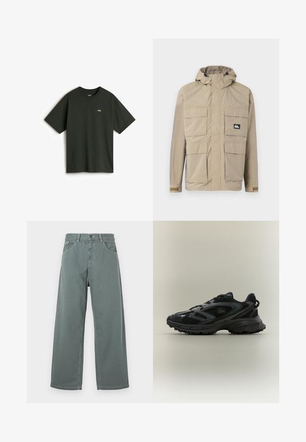 Chaqueta impermeable beige con capucha, con cierre de cremallera al frente, cuatro grandes bolsillos frontales y puños ajustables. Tejido texturizado con un patrón de cuadrícula.; Vans Camiseta básica - dark green; Pantalones de pierna ancha en algodón verde apagado, con una cinturilla clásica, presillas para cinturón, bolsillos frontales y detalles de costura contrastantes.; Zapatilla deportiva negra con paneles de malla, suela texturizada, cordones y una silueta curvada con acentos plateados en los laterales.