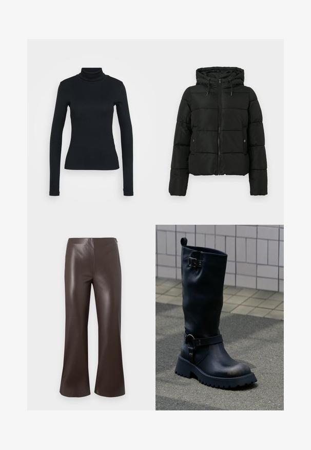 Čierna nafukovacia bunda s cropped dizajnom, kapucňou, zipsovým zapínaním, prešívanou textúrou a kovovými detailmi na zipsoch a vreckách.; Čierny dlhý rukáv rebrovaný rolák s priliehavým strihom na svetlom jednoliatom pozadí.; Hnedé umelé kožené zvonové nohavice s vysokým pásom a hladkou textúrou, ktoré majú čistý, upravený dizajn a široké otvory na nohavice.; Čierna kožená čižma po stred lýtka s robustnou podrážkou, kovovou sponou blízko vrchu a remienkom s detailom krúžku nad členkom, na vydláždenom povrchu.