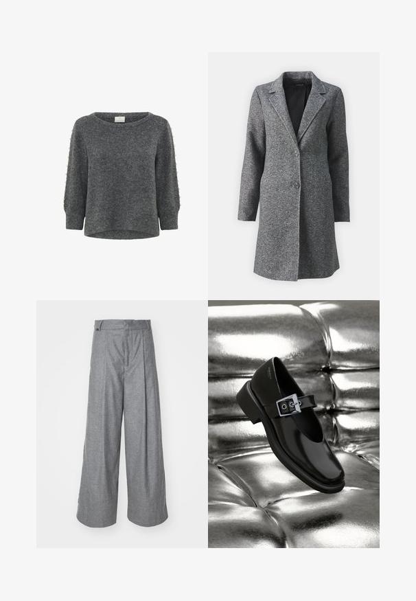 ONLY ONLSEDONA - Krátky kabát - dark grey melange; Kaffe KABETTY - Svetrík - grey melange; Šedé široké nohavice vyrobené z mäkkej tkaniny, s vysokým pásom, prednými záhybmi a diskrétnou značkou na páse.; Čierne kožené topánky Mary Jane so štvorcovou špičkou, so striebornou prackou a masívnym nízkym opätkom, umiestnené na lesklom striebornom pozadí.