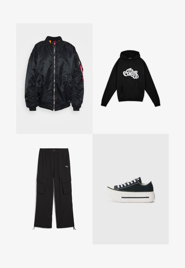 Zwarte bomberjack gemaakt van glad, glanzend materiaal. Heeft een rits aan de voorkant, geribbelde manchetten, zijzakken en een ritszak op de arm met een rode label.; Pegador PALUMA OVERSIZED HOODIE - Sweater - black; Zwarte cargobroek met een wijd design, elastische tailleband, twee zijzakken en trekkoord bij de pijpen. Bevat een klein wit logo.; Zwarte canvas sneakers met een witte rubberen zool, met een dikke plateauzool, witte veters en contrasterende stiksels langs de naden.