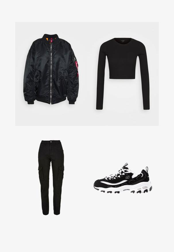 Chaqueta bomber negra de material suave y brillante. Presenta un cierre delantero de cremallera, puños de canalé, bolsillos laterales y un bolsillo en la manga con cremallera y una etiqueta roja.; Monki Camiseta de manga larga - black dark; Pantalones cargo negros con cintura alta, bolsillos laterales con solapa, bolsillos delanteros, trabillas para cinturón, cierre con botón y puños elásticos.; Zapatilla deportiva en blanco y negro con parte superior de ante, cuello acolchado y suela ligera. Presenta un logotipo prominente y detalles de costura en contraste.