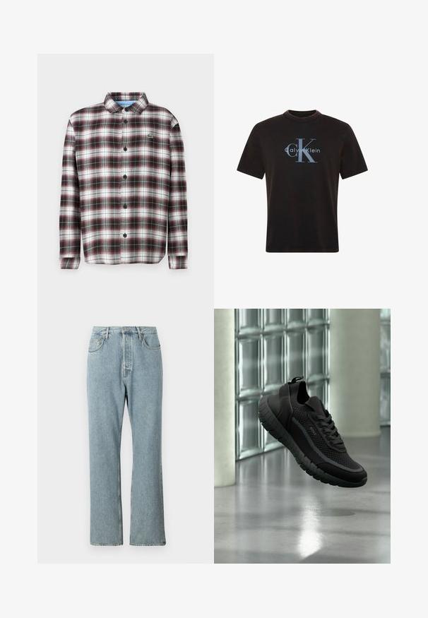 Karierte Button-Up-Hemd in Dunkelrot, Schwarz und Weiß; Material aus Baumwollmischung; mit umklappbarem Kragen und schwarzen Knöpfen; Logo auf der Brust.; Schwarzes T-Shirt mit kurzen Ärmeln und Rundhalsausschnitt, mit hellblauem Calvin Klein "cK" Logo mittig auf der Brust.; Helles blaues Denim-Jeans mit hoher Taille, weit geschnittenen geraden Beinen und einfacher Naht. Verfügt über fünf Taschen und einen klassischen Knopfverschluss.; Schwarzer gestrickter Sneaker mit dicker profilierter Sohle und Schnürsenkeln, mit der Marke „BOSS“, der drinnen in der Nähe der Glassteinwand und des Betonbodens schwebt.