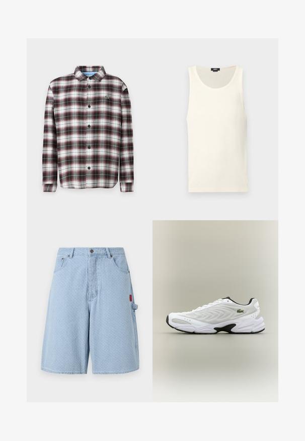 Camisa de cuadros en rojo oscuro, negro y blanco; tejido de mezcla de algodón; presenta un cuello con solapa y botones negros; logo en el pecho.; Camiseta sin mangas blanca de algodón con textura acanalada, escote redondeado y sin mangas. Presenta una pequeña etiqueta con el logo en la parte inferior izquierda.; Shorts de mezclilla azul claro con un patrón texturizado, dos bolsillos frontales y un bolsillo lateral con un detalle de etiqueta roja.; Zapatilla deportiva blanca con parte superior de malla texturizada, diseño curvado y suela exterior negra en contraste. Presenta un logo verde bordado en el lateral.