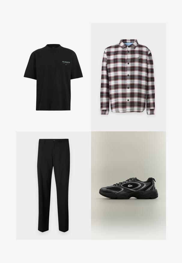 Camisa de cuadros en rojo oscuro, negro y blanco; tejido de mezcla de algodón; presenta un cuello con solapa y botones negros; logo en el pecho.; Camiseta de algodón negra con cuello redondo y mangas cortas. Presenta un pequeño logo de "ALLSAINTS" en azul claro en el lado izquierdo del pecho.; Pantalones de traje negros con frente plano, cintura estándar y piernas rectas. Hechos de una tela suave, con un cierre de botón único.; Zapatilla deportiva negra y gris con paneles de malla, diseño de cordones, suela gruesa y un pequeño logo de cocodrilo en el costado.