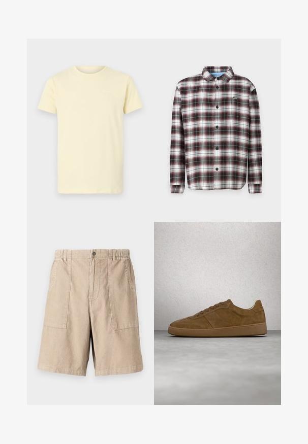 Chemise à carreaux à boutons en rouge foncé, noir et blanc ; tissu en mélange de coton ; présente un col rabattu et des boutons noirs ; logo sur la poitrine.; T-shirt en coton jaune clair à manches courtes et col rond ; présente un petit logo blanc sur le haut à gauche de la poitrine.; Shorts en corduroy beige avec un tissu texturé, deux poches latérales, une taille élastique et une fermeture à un bouton.; Baskets en daim marron avec des lacets couleur fauve et une semelle en caoutchouc. Présente un bout arrondi et des détails cousus sur la tige. Design léger.