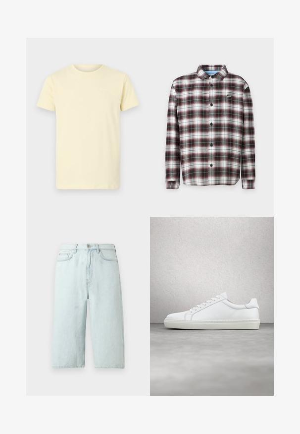Karierte Button-Up-Hemd in Dunkelrot, Schwarz und Weiß; Material aus Baumwollmischung; mit umklappbarem Kragen und schwarzen Knöpfen; Logo auf der Brust.; Helles gelbes Baumwoll-T-Shirt mit kurzen Ärmeln und rundem Halsausschnitt; verfügt über ein kleines weißes Logo auf der oberen linken Brust.; Hellblaue Jeansshorts mit geradem Bein, mittlerer Bundhöhe, vorderen Taschen und einer einzelnen Gesäßtasche, veredelt mit dezenter Naht.; Weißer Sneaker mit glattem Lederobermaterial und niedrigem Profil. Verfügt über eine runde Zehenpartie, sechs Ösen und eine strukturierte Gummisohle.