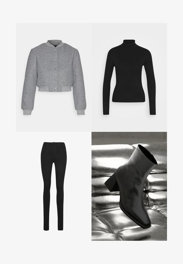 Vero Moda VMCHLOE SHORT - Blouson Bomber - grey; Pull à col roulé noir avec des manches longues, fabriqué à partir d'un tissu en maille lisse. Présente un design ajusté et un col côtelé.; Jeans skinny noirs fabriqués en tissu extensible. Présentent un design à cinq poches, des passants de ceinture et une fermeture à zip à l'avant. Texture lisse.; Botte noire à la cheville en matériau brillant avec un bout carré et un talon effilé, sur un fond argenté brillant et capitonné.