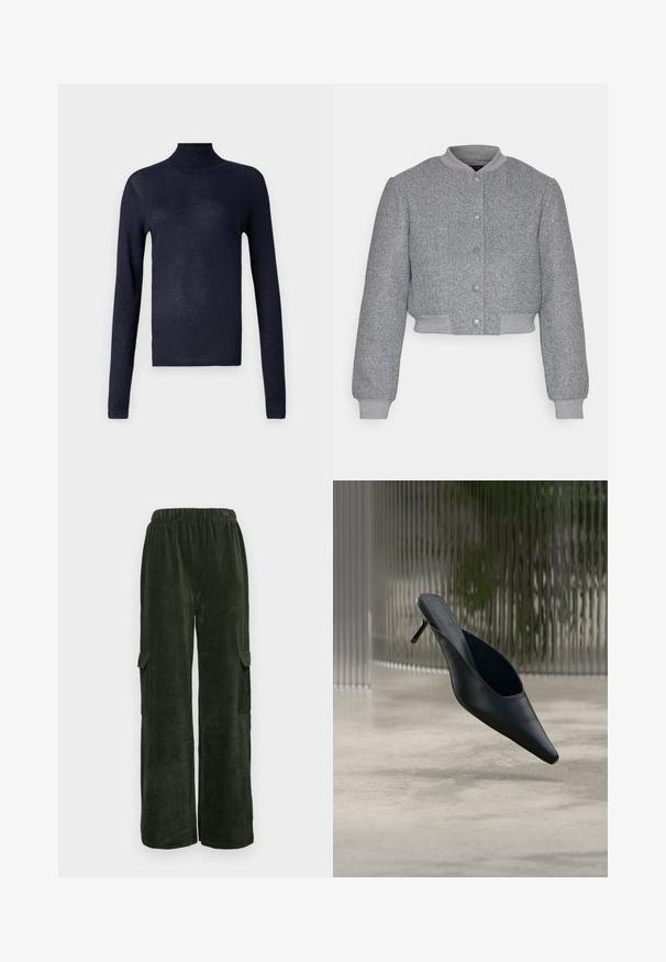 Vero Moda VMCHLOE SHORT - Blouson Bomber - grey; Pull à col roulé navy à manches longues, texture côtelée et légère brillance. Design ajusté, tissu doux et sans matériel ou accents visibles.; Pantalons cargo en velours côtelé vert foncé, à coupe ample, dotés de deux poches latérales et d'une taille élastique confortable. Tissu texturé.; Mule noire à bout pointu avec un talon fin et haut flottant au-dessus d'un sol en béton lisse, avec un arrière-plan flou à rayures verticales.