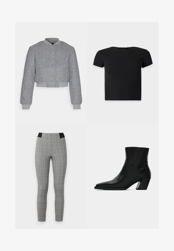 Vero Moda VMCHLOE SHORT - Bomber-jakk - grey; Must lühikeste varrukatega soonikkoes crop top ümarate kaelustega, esitatud lihtsal heledal taustal.; Halli ruudulised leggingud vormitud disainiga, millel on must elastne piht ja küljetaskud. Tekstureeritud kangas ruudumustriga.; Must must jalatsid mustast nahast, terava ninaga, stiilne siluett ja jäme ruudukujuline konts. Sile tekstuur, millel on minimaalsed õmblemise detailid.