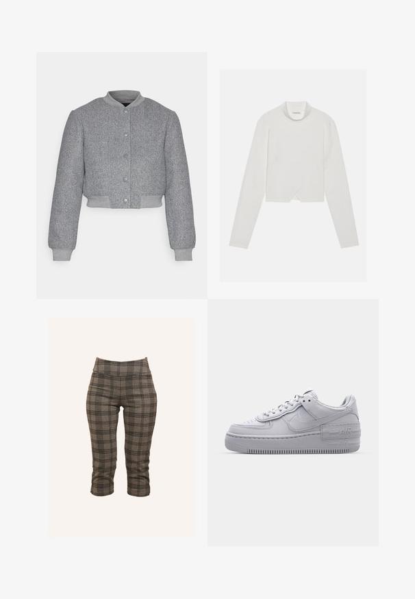 Vero Moda VMCHLOE SHORT - Chaquetas bomber - grey; Top blanco de manga larga con un alto cuello, que presenta un diseño de costura diagonal y un dobladillo cropped. Tejido suave con una textura lisa.; Pantalones cortos de cuadros grises con una cintura elástica, corte ajustado y tejido texturizado con acentos en negro y gris más claro.; Zapatilla Nike Air Force 1 gris con puntera perforada, parte superior de cuero suave, suela gruesa y detalle en relieve 'AIR' en el talón.
