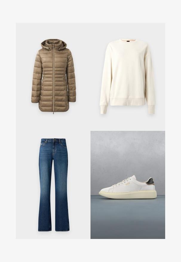 Padded parka v taupe farbe, so zips, kapucňou a horizontálnym prešívaním. Hladká textura s elastickými manžetami a predĺženým strihom.; Krémový sweatshirt s kulatým výstřihem, ribbenými manžetami a lemem, vyrobený z měkké tkaniny, s jemným logem na hrudi.; Rozšírené džínsy v stredne modrom odtieni, s klasickým dizajnom piatich vreciek, zapínaním na gombík a mierne vyblednutou textúrou.; Biele tenisky s hladkým koženým vrchom, s koženým pätovým pásikom v odtieni tan a čiernej, okrúhlymi šnúrkami a robustnou béžovou gumovou podrážkou. Zlatý detail loga.