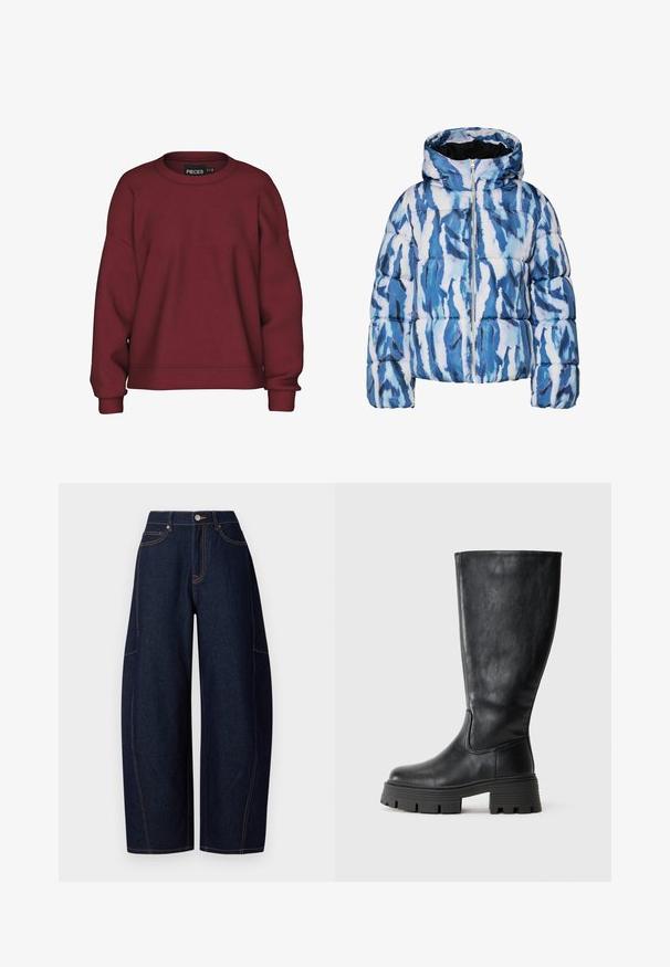 Blå og hvid abstrakt mønstret pufferjakke med hætte og for-lynlås, quilted og polstret for varme.; Bordeaux sweatshirt med rund hals, afslappet pasform, lange ærmer, ribbede manchetter og en blød bomuldsblanding. Simpelt design, ingen mønstre.; Bredde ben mørkeblå denimbukser med kontrasterende orangetråd, fem lommer og en knap- og lynlåslukning i taljen.; Sorte knæhøje støvler i glat læder med en tyk, tekstureret sål og diskrete syninger langs den ydre side.