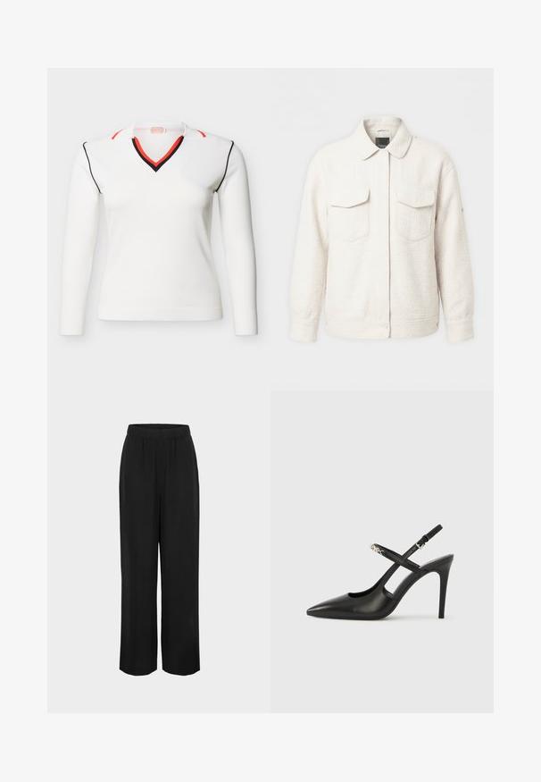 Veste blanche texturée avec col, manches longues, fermeture à boutons-pression et deux poches à rabat à l'avant.; Pull blanc à manches longues avec col en V, orné de bordures noires et rouges sur le col, les épaules et les coutures des manches, présenté sur un fond uni.; Pantalon noir à jambes larges avec taille élastique, tissu lisse et coupe décontractée, présenté sur un fond gris clair uni.; Escarpins slingback en cuir noir avec bout pointu, design ajouré et bride ajustable ornée de ferrures métalliques.
