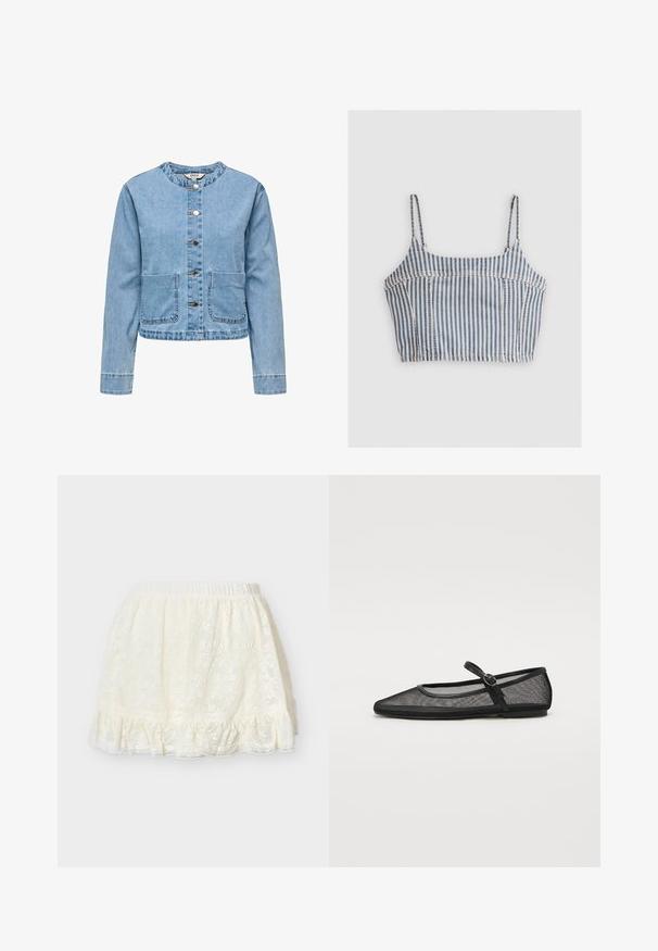 Veste en denim bleu clair avec un col rond, fermeture à boutons sur le devant, deux poches avant et des manches longues. Présente des coutures visibles.; Top court rayé avec de fines bretelles réglables, un design ajusté, et des couleurs bleu et blanc avec des lignes verticales et des coutures.; Demi-jupon en dentelle couleur crème avec taille élastique et ourlet à volants, conçu pour être porté sous des jupes ou des robes.; Ballerine noire en maille avec un bout pointu, dotée d'une bride avec une boucle et d'une semelle plate basse. Matériau textile translucide.