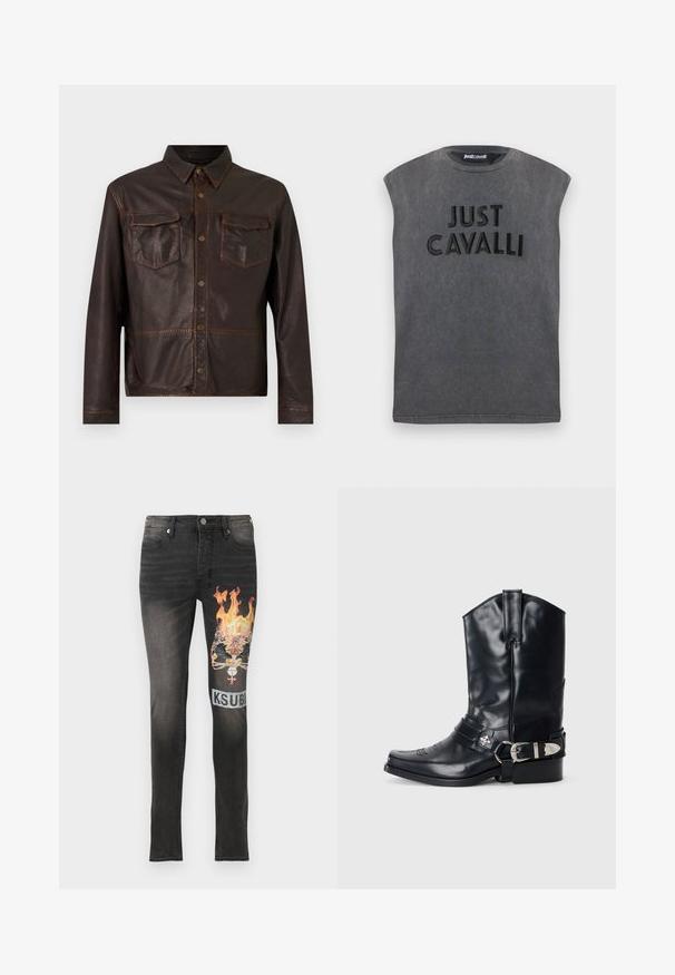 Veste en cuir marron foncé à manches longues, avec boutons-pression sur le devant, deux poches poitrine à rabat et un col pointu.; T-shirt noir délavé sans manches avec épaules rembourrées, arborant le texte "JUST CAVALLI" en relief sur le devant.; Jean noir délavé avec un motif de couronne enflammée ornée de bijoux et le texte "KSUBI" sur la cuisse droite.; Botte de cowboy en cuir noir avec un bout pointu, une tige haute, des coutures décoratives et une quincaillerie en argent sur la sangle. Fini texturé.