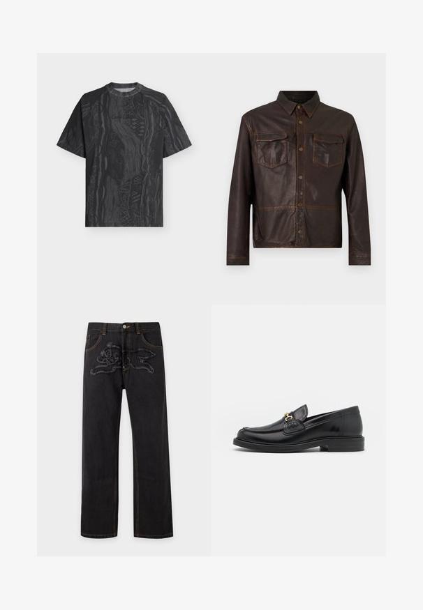 Veste en cuir marron foncé à manches longues, avec boutons-pression sur le devant, deux poches poitrine à rabat et un col pointu.; T-shirt noir à manches courtes avec col rond, motif abstrait gris foncé subtil et tissu texturé, présenté à plat sur un fond clair.; Jean noir droit avec un motif brodé texturé représentant un lapin de dessin animé sur la partie supérieure avant de la cuisse.; Mocassins en cuir noir avec un embout rond, présentant des accents en métal doré et des détails de couture, montés sur une semelle en caoutchouc texturé et basse.