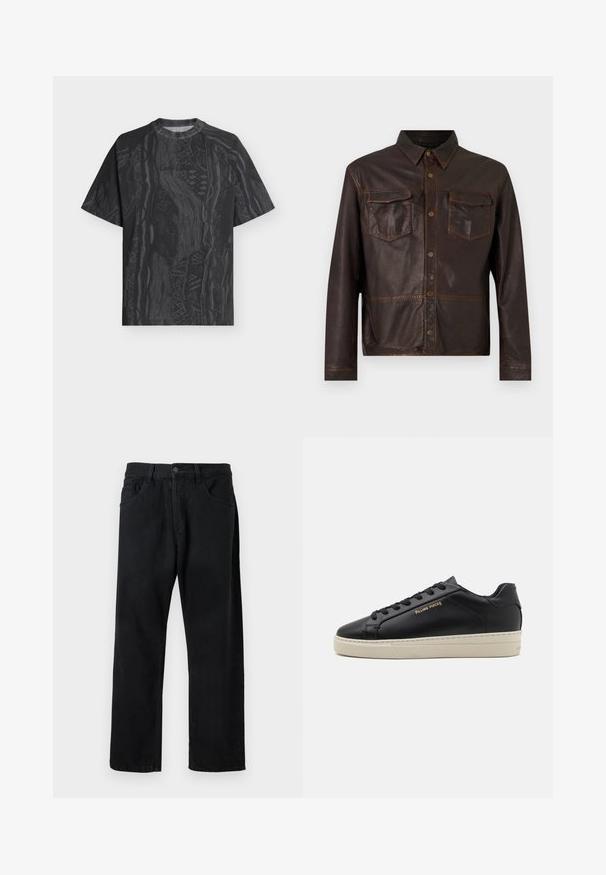 Veste en cuir marron foncé à manches longues, avec boutons-pression sur le devant, deux poches poitrine à rabat et un col pointu.; T-shirt noir à manches courtes avec col rond, motif abstrait gris foncé subtil et tissu texturé, présenté à plat sur un fond clair.; Jeans noirs en denim, dotés d'un design classique à cinq poches, coupe droite et fermeture à bouton. Texture lisse, sans motifs visibles.; Sneaker en cuir noir avec une finition lisse, semelle crème contrastante, bout arrondi, logo doré sur le côté et six œillets pour les lacets.