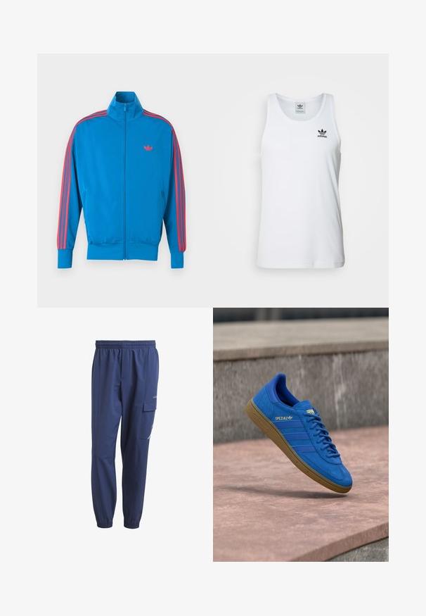 Blaue Sportjacke aus glattem Stoff. Mit roten Streifenakzenten entlang der Ärmel und einem kleinen Logo auf der Brust. Reißverschluss vorne.; Weißes geripptes Tanktop mit Rundhalsausschnitt, schwarzem Adidas-Logo auf der linken Brust und ohne Ärmel. Weiches Baumwollmaterial, lässige Passform.; Marineblaue Sporthosen mit elastischem Bund, Seitentaschen und einer Cargotasche am linken Bein, sowie einem dezenten Logo-Detail.; Blauer Adidas Spezial Sneaker mit Gummisohle, Schnürsenkel gebunden, schwebend über einer glatten Steinoberfläche nahe einer grauen Betonwand.