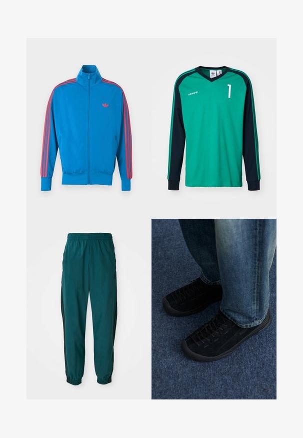 Blauwe sportjas gemaakt van gladde stof. Heeft rode streepaccenten langs de mouwen en een klein logo op de borst. Voorzijde met ritsclosure.; Groene en marineblauwe lange mouw jersey met een V-hals, voorzien van een wit nummer "1" en drie strepen langs de mouwen. Gemaakt van zachte stof.; Teal sportbroek met een trekkoord in de taille, elastische boorden en zwarte zijstreep. Gemaakt van lichte stof en voorzien van een logo nabij de heup.; Zwarte nubuck sneakers met een gestructureerd oppervlak, subtiele veters en duurzame rubberen zolen, gecombineerd met blauwe spijkerbroeken.