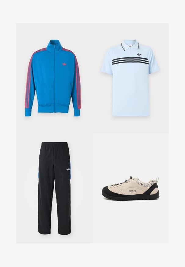Blå atletisk jakke lavet af glat stof. Har røde stribeaccents langs ærmerne og et lille logo på brystet. Lynlåslukning foran.; Lyseblå polo lavet af tekstureret stof med sorte accentstriber og en sort logo på brystet. Har en krave.; Sorte træningsbukser med elastisk talje, prydet med blå og hvide grafiske detaljer på siderne og et broderet logo.; Beige ruskindsko med sort gummitåhætte og sål, med snøredesign og åndbare mesh-detaljer på hælen.