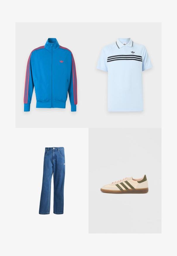Blaue Sportjacke aus glattem Stoff. Mit roten Streifenakzenten entlang der Ärmel und einem kleinen Logo auf der Brust. Reißverschluss vorne.; Hellblaues Polohemd aus strukturiertem Stoff mit schwarzen Akzentstreifen und einem schwarzen Logo auf der Brust. Verfügt über einen Kragen.; Blaue hohe, weite Jeans mit Fronttaschen, Gürtelschlaufen, Knopfverschluss und kleinem Adidas-Logo am rechten Oberschenkel.; Flacher, beigefarbener Adidas Spezial Sneaker mit grünen Streifen, Gummisohle und "SPEZIAL" Schriftzug an der Seite, von der Außenseite gezeigt.