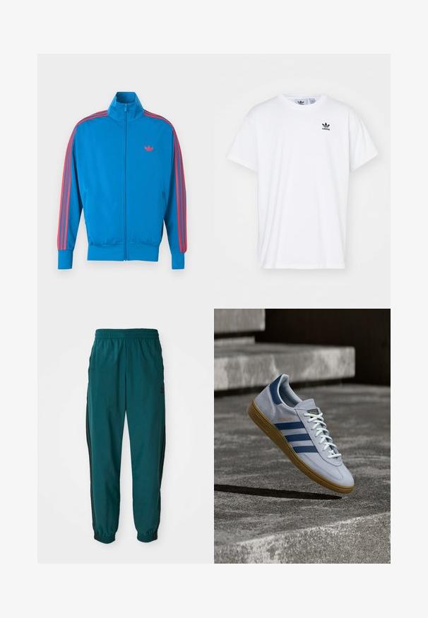 Chaqueta deportiva azul hecha de tela suave. Presenta detalles de franjas rojas a lo largo de las mangas y un pequeño logotipo en el pecho. Cierre frontal con cremallera.; Camiseta blanca de algodón con mangas cortas, escote redondo y un logo negro de Adidas con tres franjas en la zona del lado izquierdo del pecho.; Pantalones deportivos en color verde azulado con cintura ajustable por cordón, puños elásticos y rayas negras en los lados. Fabricados con un tejido ligero, presentan un logo cerca de la cadera.; Zapatilla Adidas Spezial azul claro con rayas azul marino y suela de goma, mostrada en el aire sobre escalones de hormigón en un entorno exterior neutral.